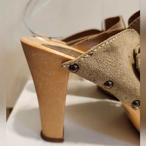 Vtg Mint '80s Original Candie's Tan Suede "Wood" Sole Mules Sz.9 Made in Italy - Picture 7 of 9